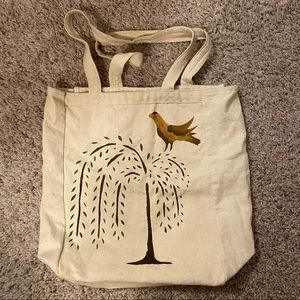 Tote bag cotton canvas with stenciled tree and bird on both sides cream color